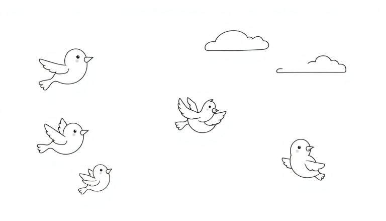 Placa de color con cinco pájaros negros de dibujos animados y ojos brillantes, con dos nubes en la parte superior derecha.