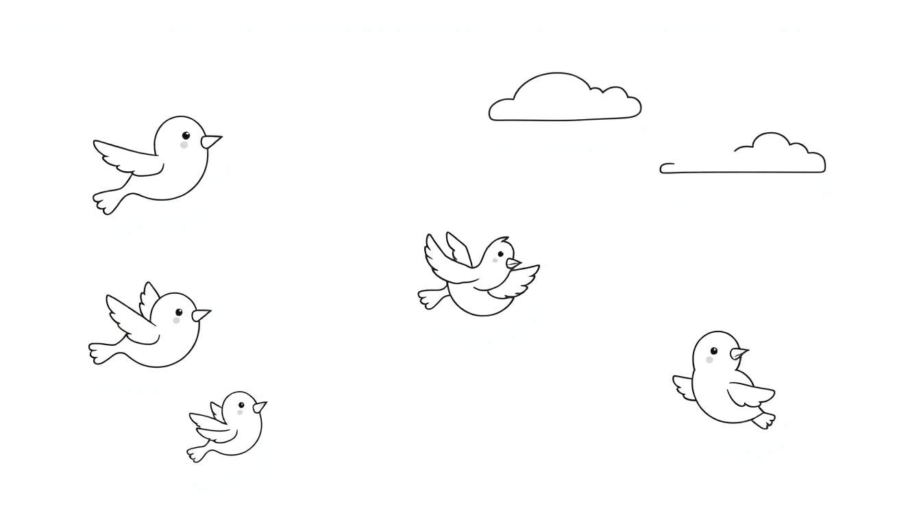 Placa de color con cinco pájaros negros de dibujos animados y ojos brillantes, con dos nubes en la parte superior derecha.