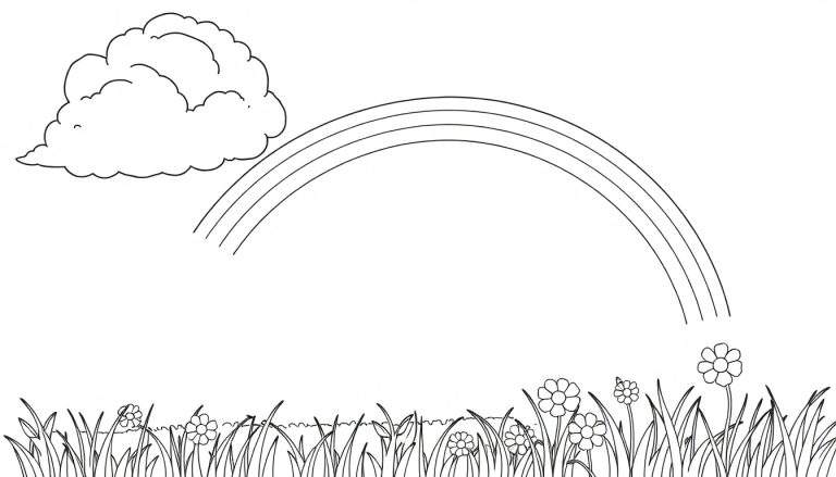 Un dibujo para colorear de una nube, un arcoíris y flores, una placa de color para disfrutar.