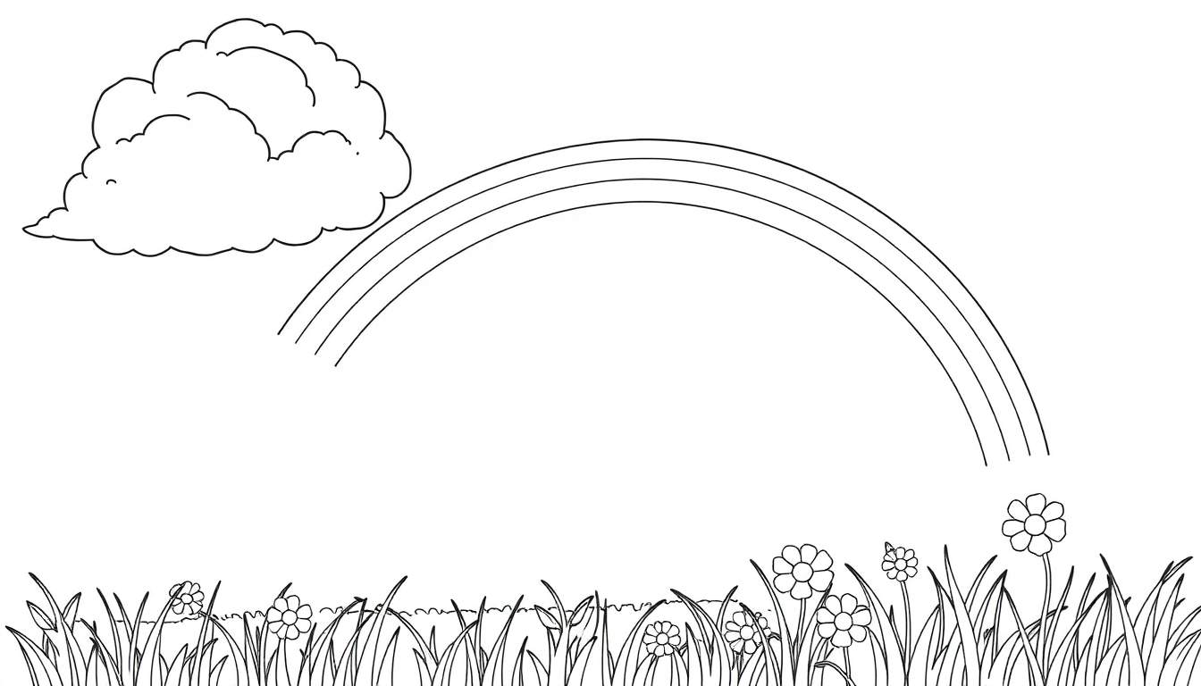 Un dibujo para colorear de una nube, un arcoíris y flores, una placa de color para disfrutar.
