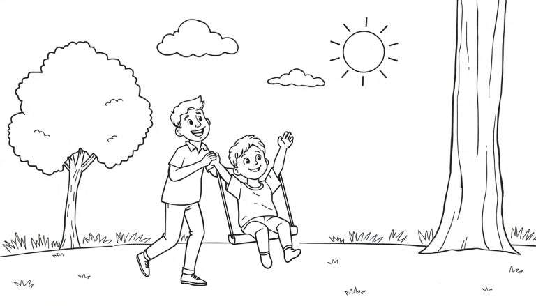 Niño feliz en un columpio empujado por su papá, diseñado con contornos para colorear en un parque soleado. ¡Una escena perfecta para agregar color a tu placa!