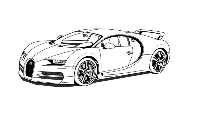 Un coche Bugatti deportivo para colorear, una placa de color de línea elegante y rápida.