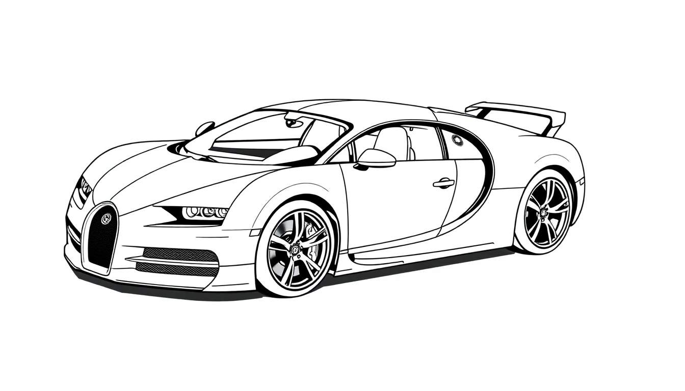 Un coche Bugatti deportivo para colorear, una placa de color de línea elegante y rápida.