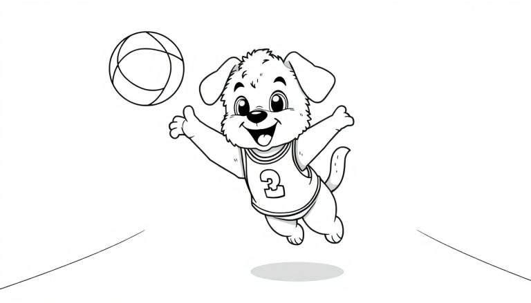 Un cachorro sonriente jugando al baloncesto, listo para colorear en una placa de color.