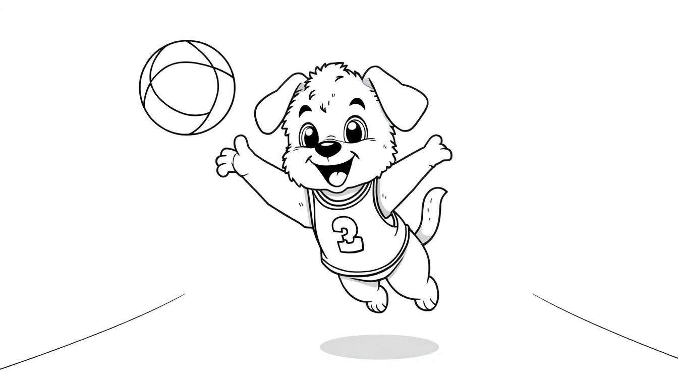 Un cachorro sonriente jugando al baloncesto, listo para colorear en una placa de color.