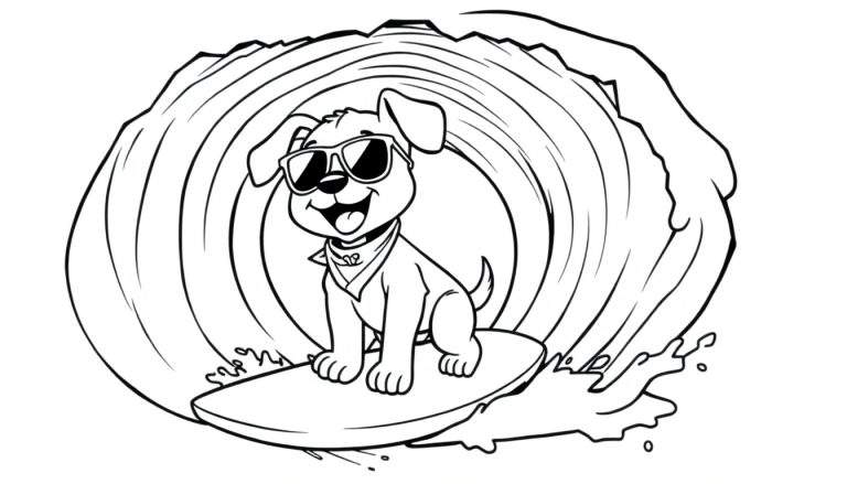Perrito surfista con gafas de sol y pañuelo montando una ola, página para colorear en blanco y negro.