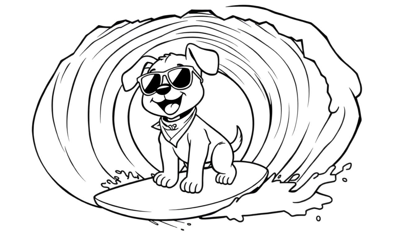 Perrito surfista con gafas de sol y pañuelo montando una ola, página para colorear en blanco y negro.