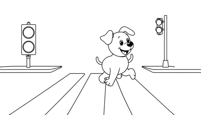 Un perrito cruzando un paso de cebra con una placa de color, moviendo la pata en señal de saludo.