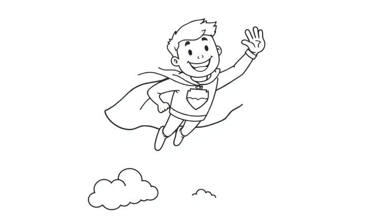 Superhéroe sonriendo y saludando, listo para añadirle color a su placa de color.