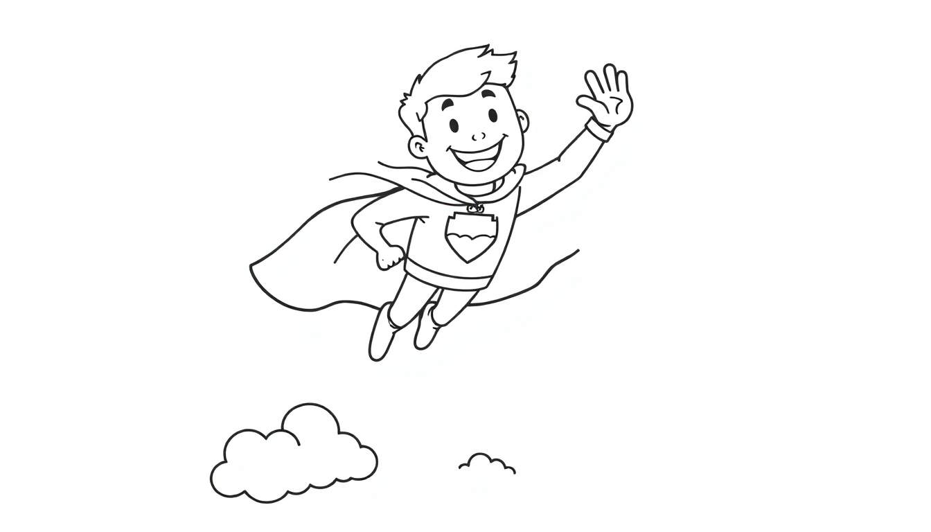 Superhéroe sonriendo y saludando, listo para añadirle color a su placa de color.