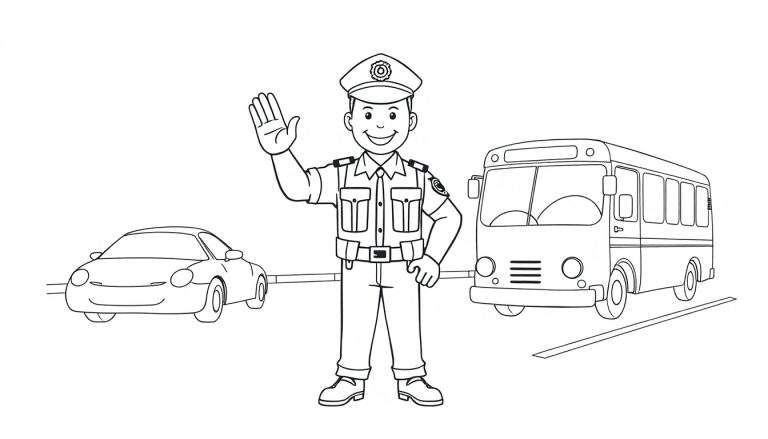 Un policía de dibujos animados sonriente, con su placa de color visible, dirige el tráfico entre un coche y un autobús.