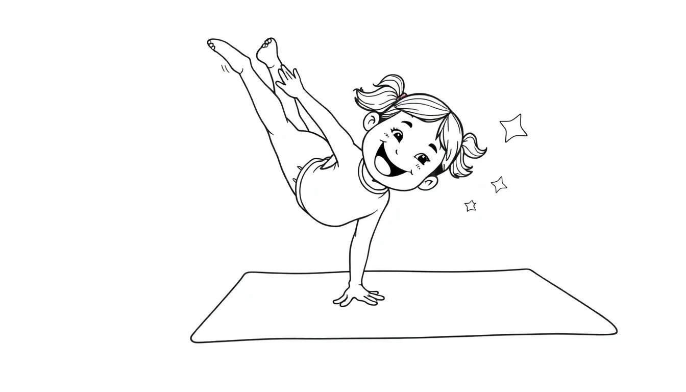 Ilustración de una niña haciendo una parada de manos en una esterilla de yoga, con estrellas alrededor. Placa de color.