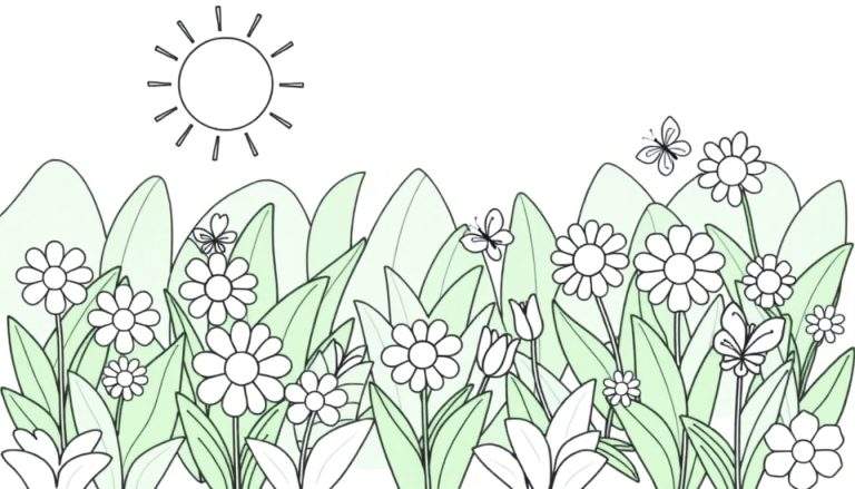 Página para colorear en blanco y negro de un campo de margaritas con mariposas y sol, lista para la placa de color.