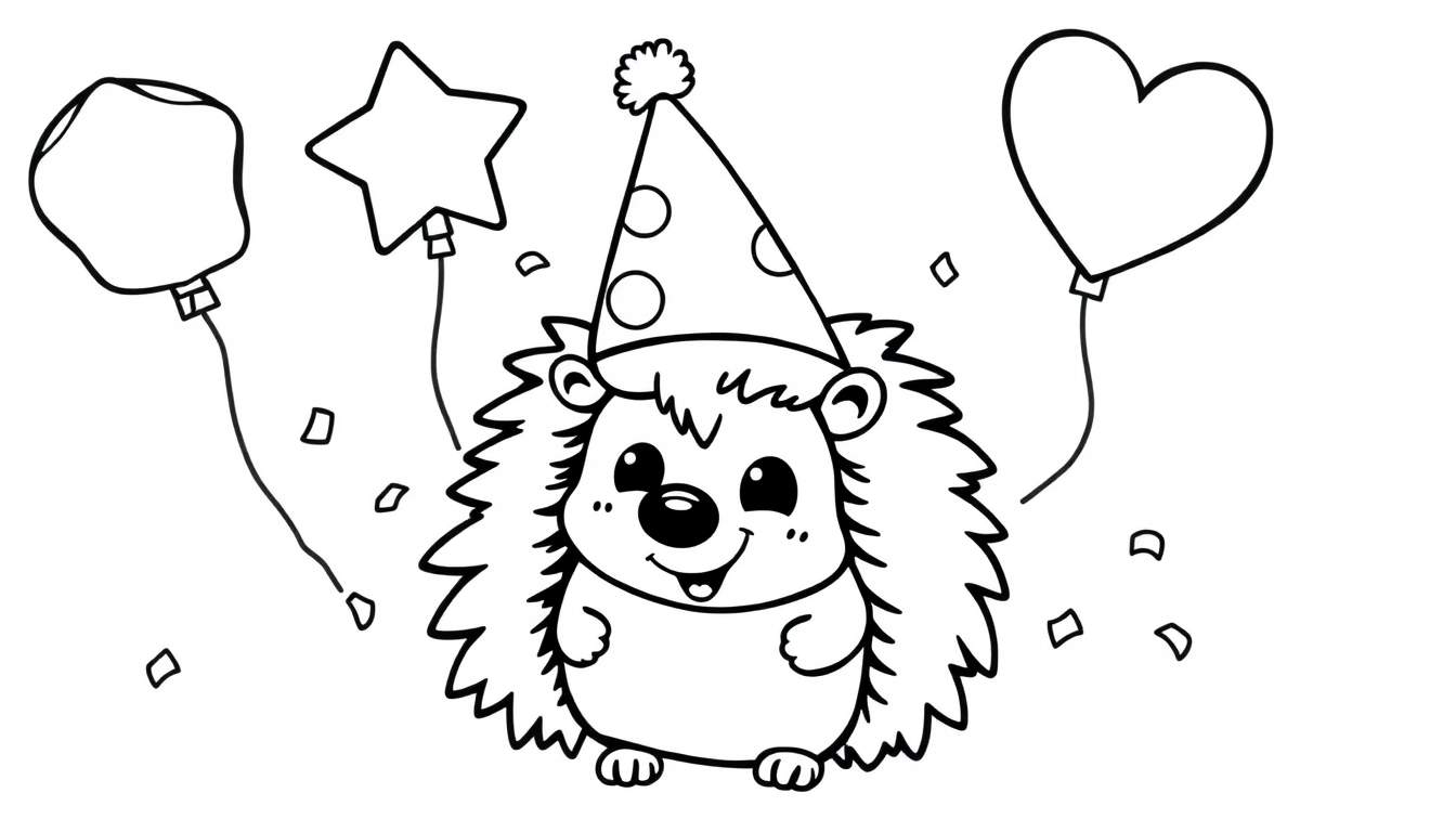 Un simpático erizo de dibujo en blanco y negro con un gorro de fiesta y globos, listo para colorear en una placa de color.