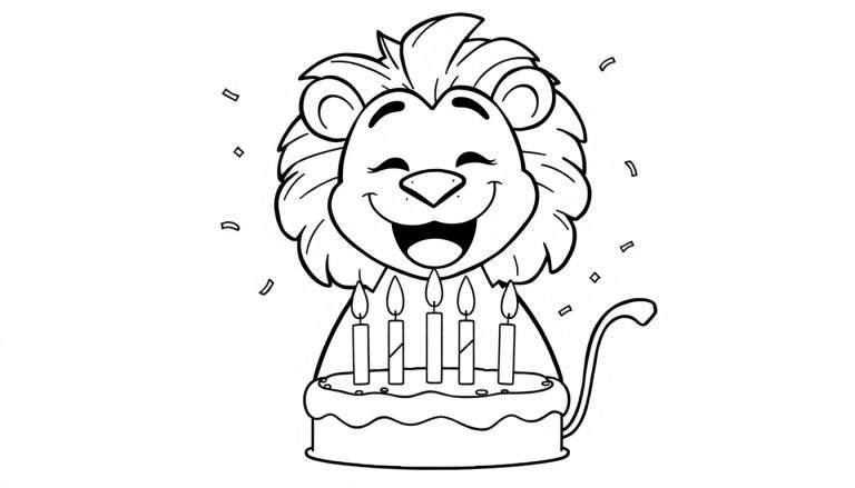 Placa de color de un león sonriente soplando cinco velas en un pastel de cumpleaños.