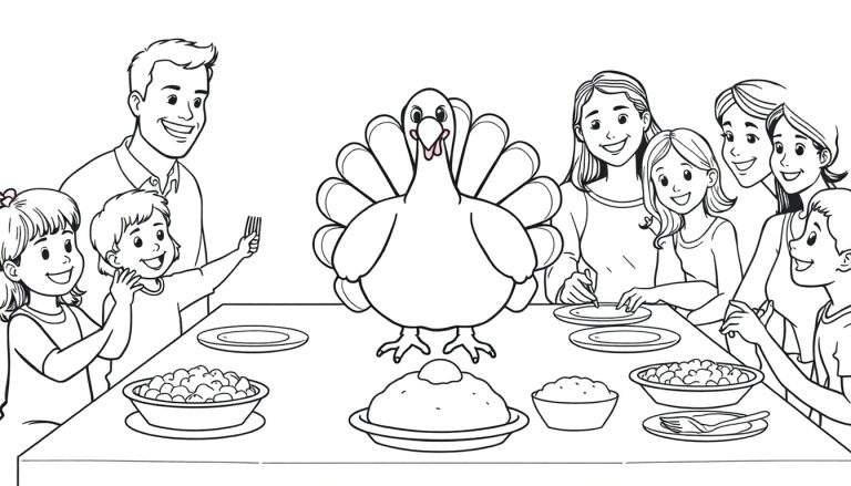 Ilustración en blanco y negro de una familia reunida alrededor de una mesa de Acción de Gracias, con un pavo y comida, para colorear.
