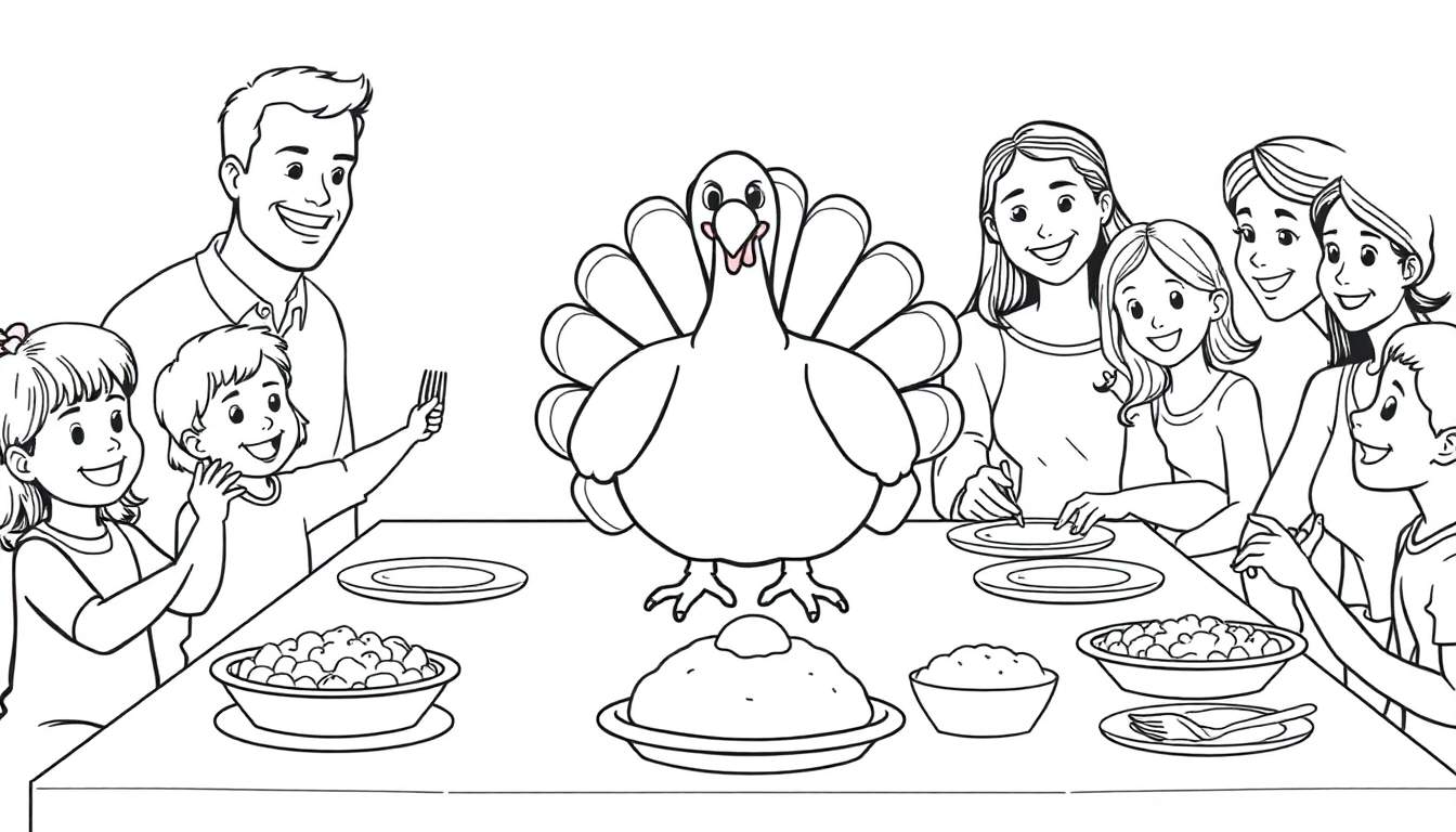 Ilustración en blanco y negro de una familia reunida alrededor de una mesa de Acción de Gracias, con un pavo y comida, para colorear.