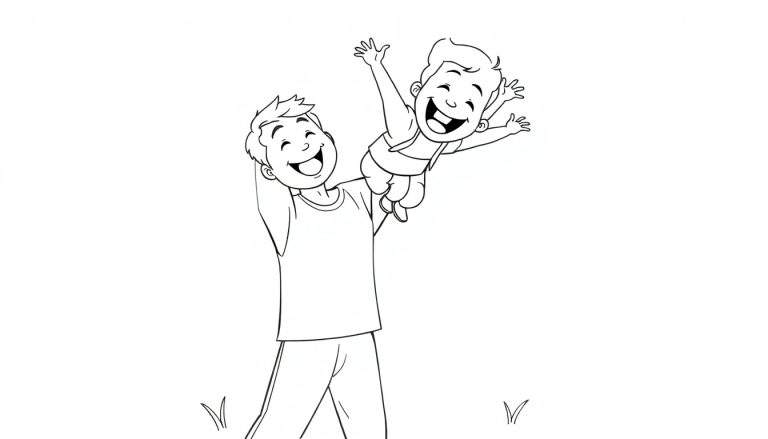 Dibujo lineal de un padre sonriente levantando a su hijo feliz en el aire, ambos disfrutando, con hierba de fondo. Placa de color.