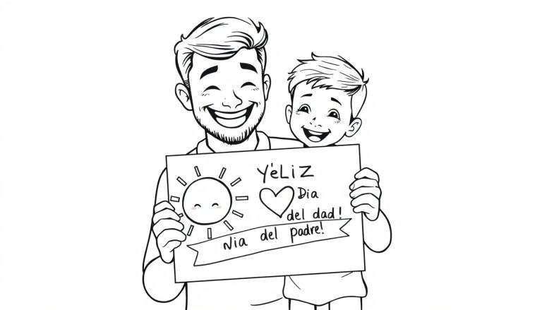 Un papá sonriendo sostiene un cartel de 'Feliz Día del Padre' con un sol y un corazón, hecho por su hijo. El cartel es una placa de color.