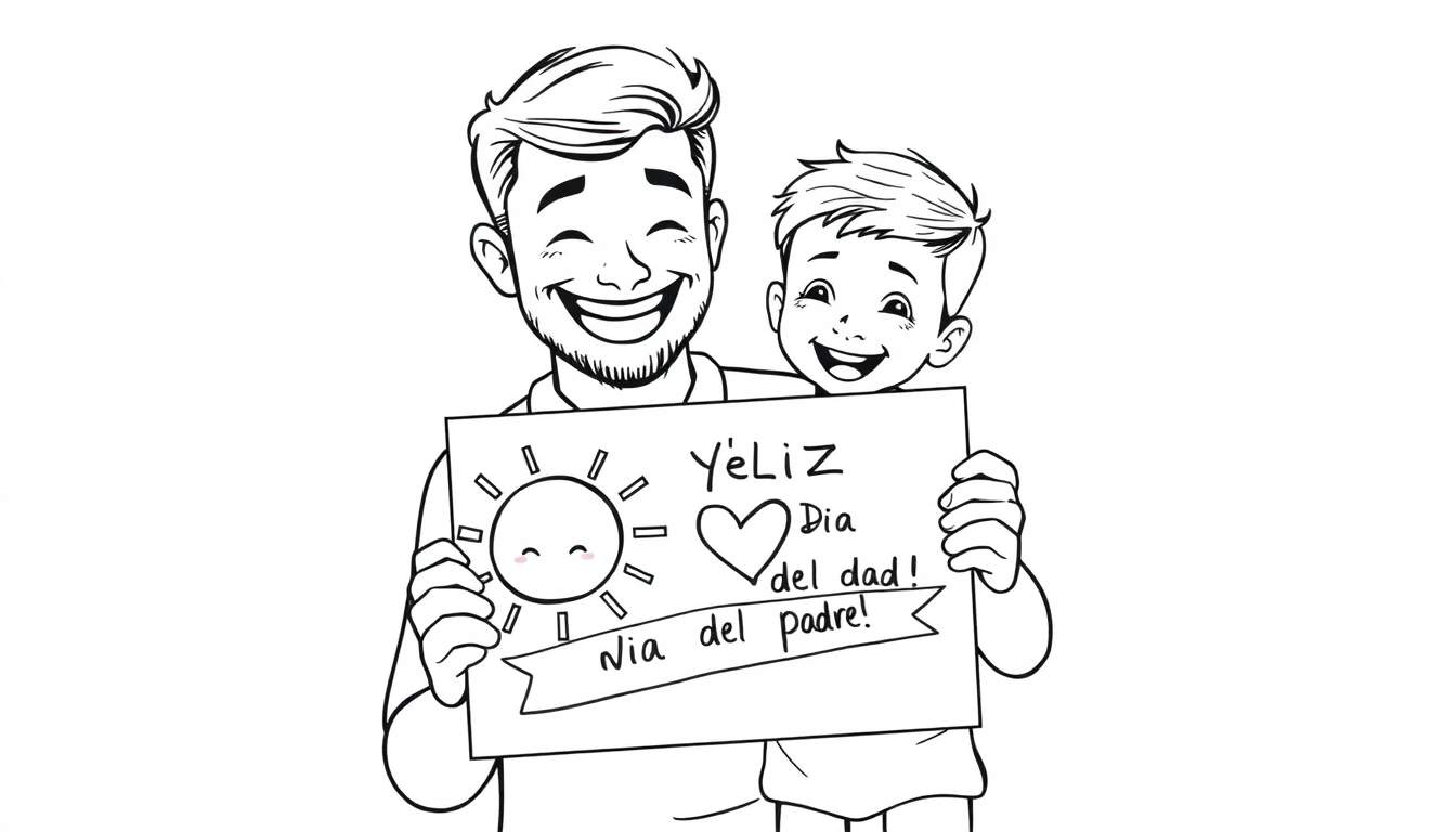 Un papá sonriendo sostiene un cartel de 'Feliz Día del Padre' con un sol y un corazón, hecho por su hijo. El cartel es una placa de color.