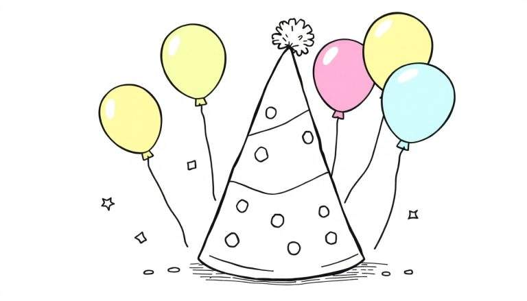 Una placa de color con un gorro de fiesta y globos para colorear.
