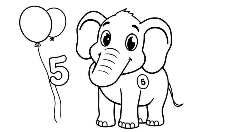 Elefante amigable con el número 5 y globos, listo para colorear en una placa de color.