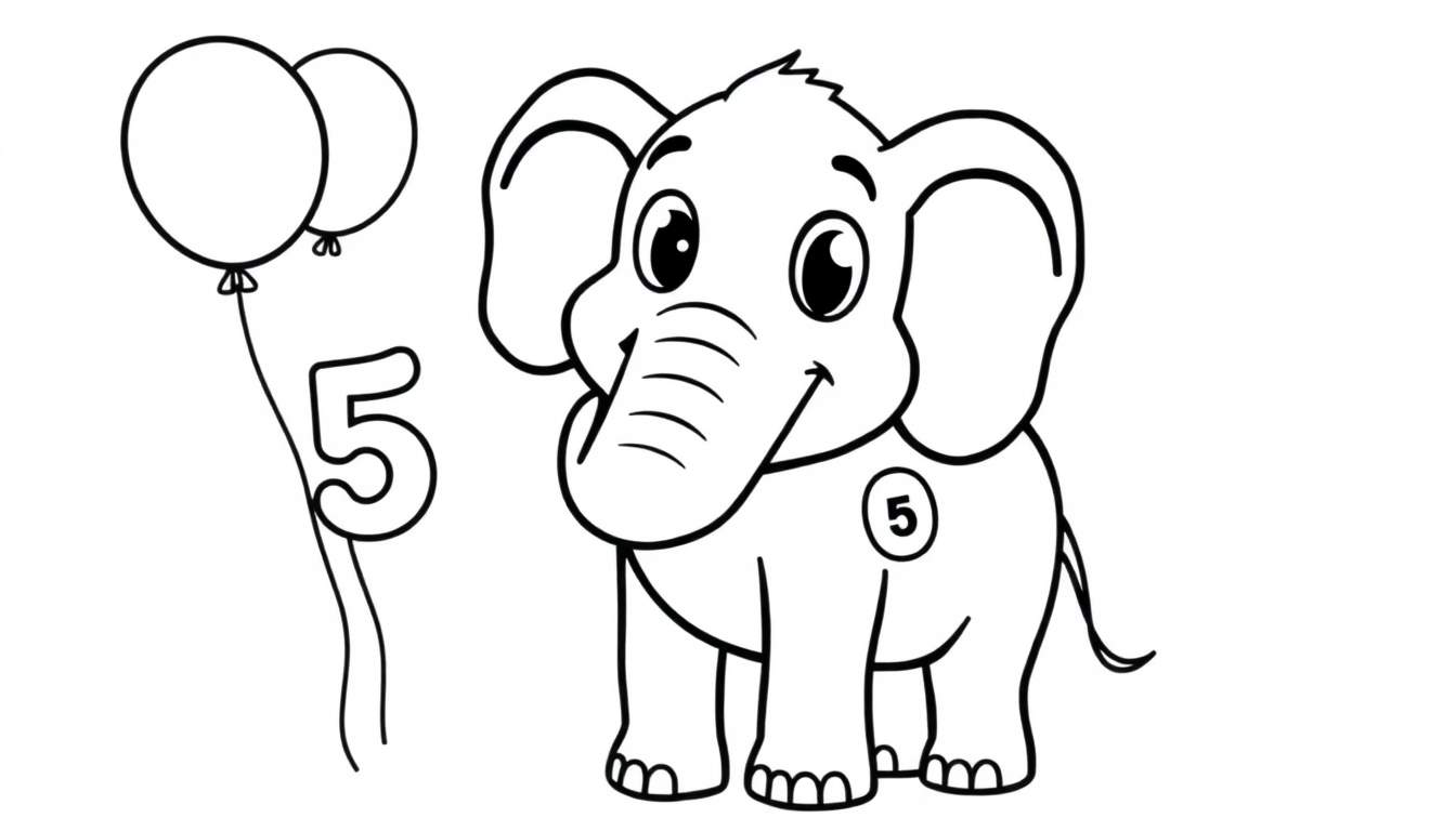Elefante amigable con el número 5 y globos, listo para colorear en una placa de color.