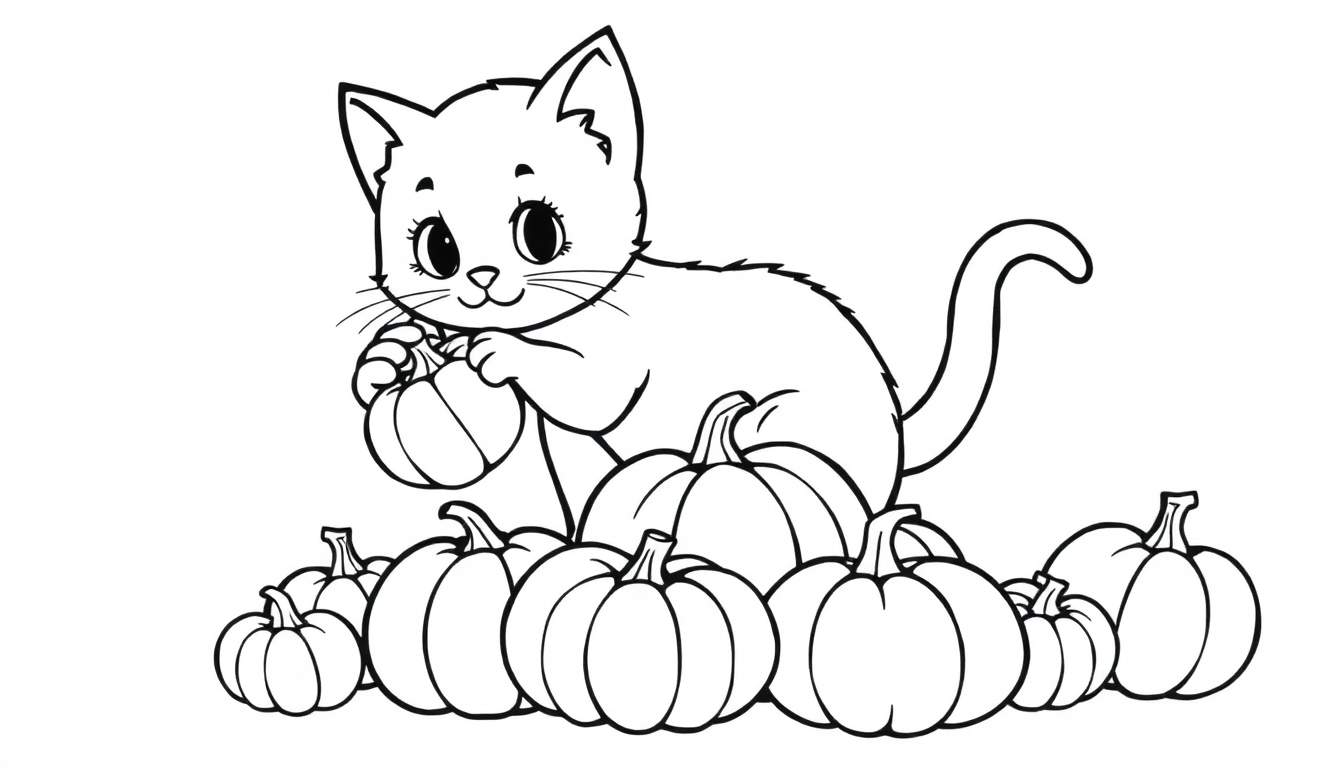 Gato de dibujos animados sentado en calabazas, listo para colorear con la placa de color.