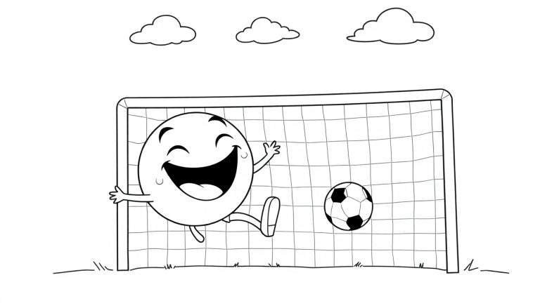 Página para colorear: un balón de fútbol sonriente celebra haber marcado un gol en una portería. Hay otra pelota dentro de la portería y nubes alegres flotan sobre ella. Todo está en blanco y negro.