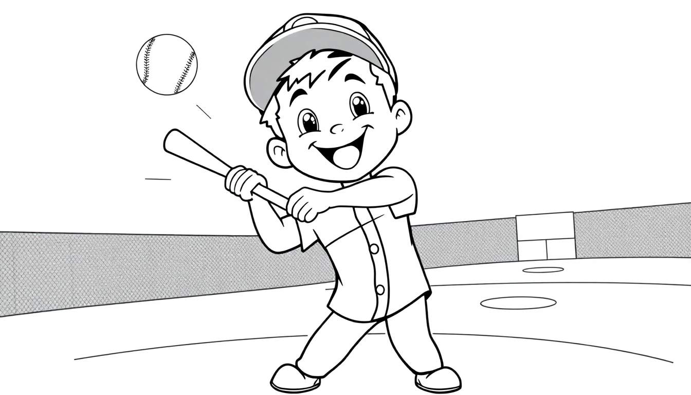 Un niño sonriente listo para batear una pelota de béisbol en una imagen en blanco y negro de la placa de color.