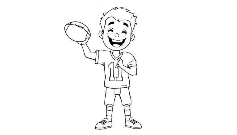 Página para colorear de fútbol americano: un dibujo lineal de un niño sonriente con el número 11 en su camiseta, sosteniendo un balón y apuntando, listo para jugar.