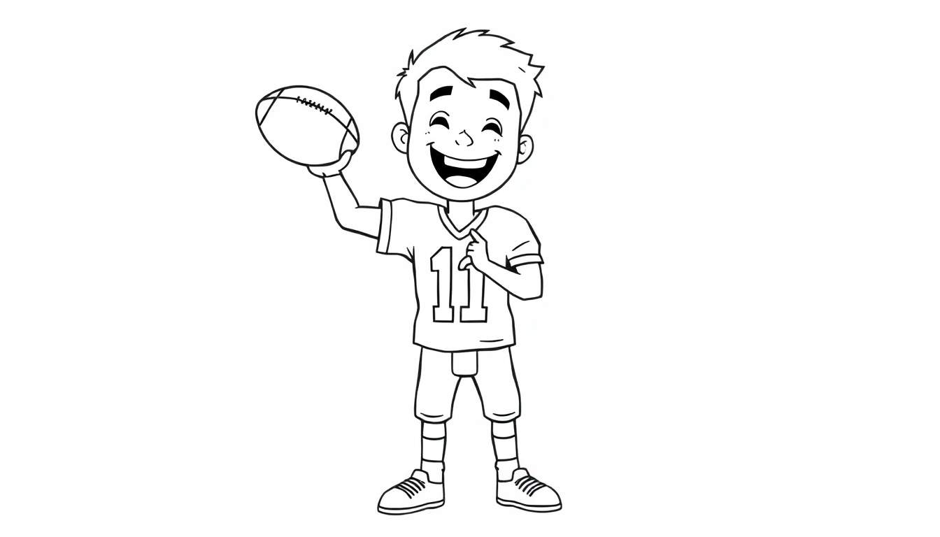 Página para colorear de fútbol americano: un dibujo lineal de un niño sonriente con el número 11 en su camiseta, sosteniendo un balón y apuntando, listo para jugar.