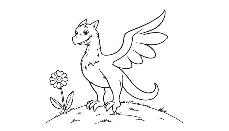 Un dibujo para colorear de un grifo amigable con cabeza de águila, cuerpo de león y alas, parado en una colina con una flor sonriente. Placa de color para niños.