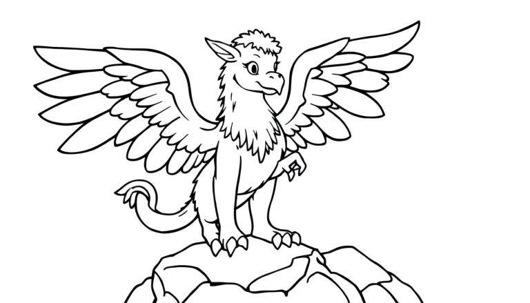 Ilustración en blanco y negro de un grifo amigable para colorear, con la cabeza y alas de águila y el cuerpo de león, listo para la aventura en una placa de color.
