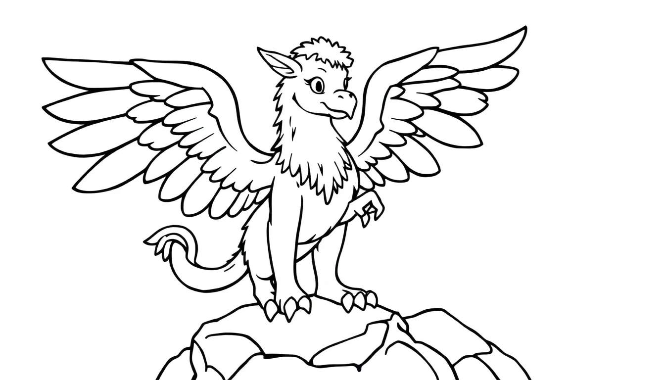 Ilustración en blanco y negro de un grifo amigable para colorear, con la cabeza y alas de águila y el cuerpo de león, listo para la aventura en una placa de color.
