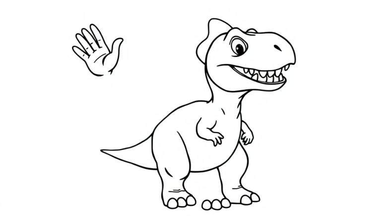 Un T-Rex amigable saludando, listo para ser coloreado en una placa de color.
