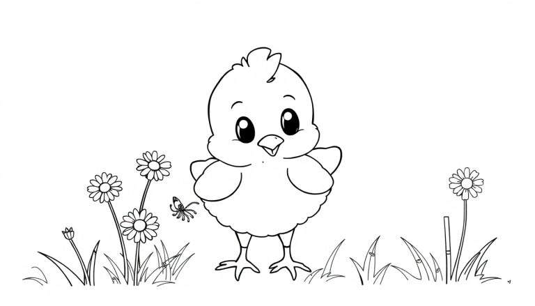 Placa de color de un pollito feliz picoteando flores.