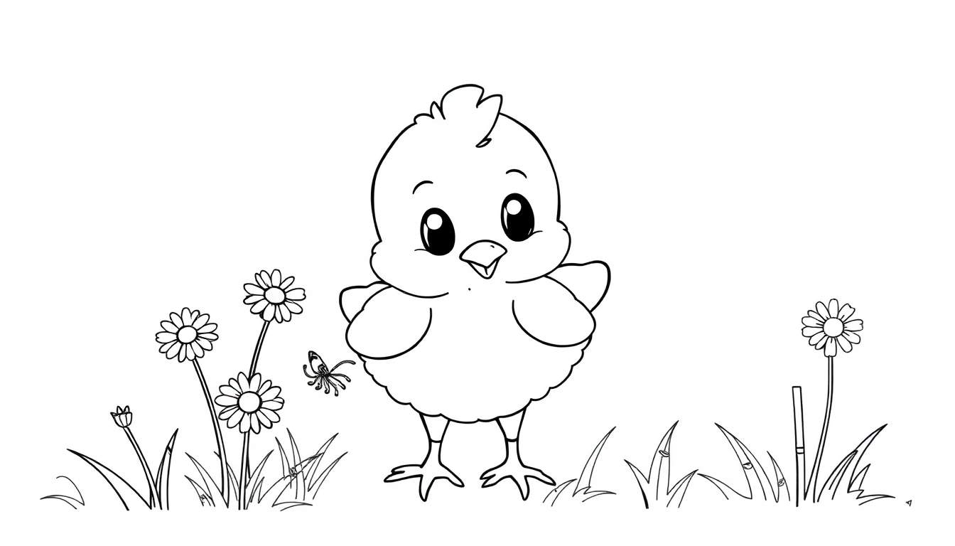 Placa de color de un pollito feliz picoteando flores.