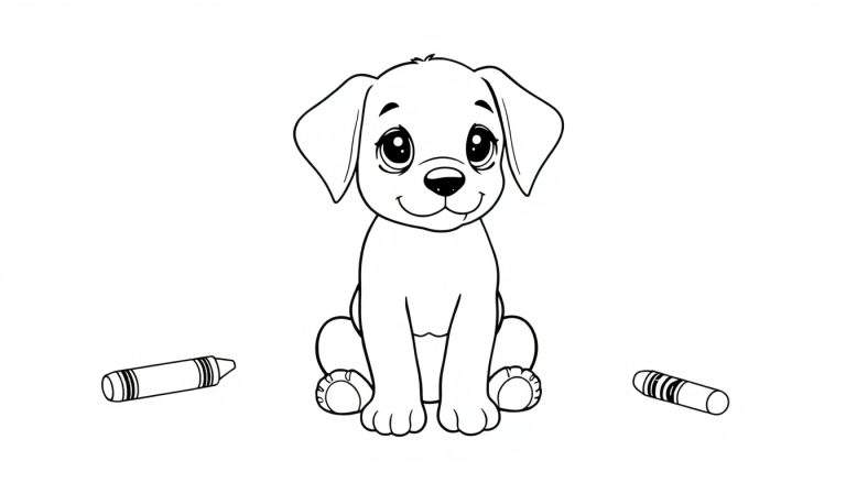 Una placa de color de un cachorrito adorable sentado junto a dos crayones, listo para ser coloreado.