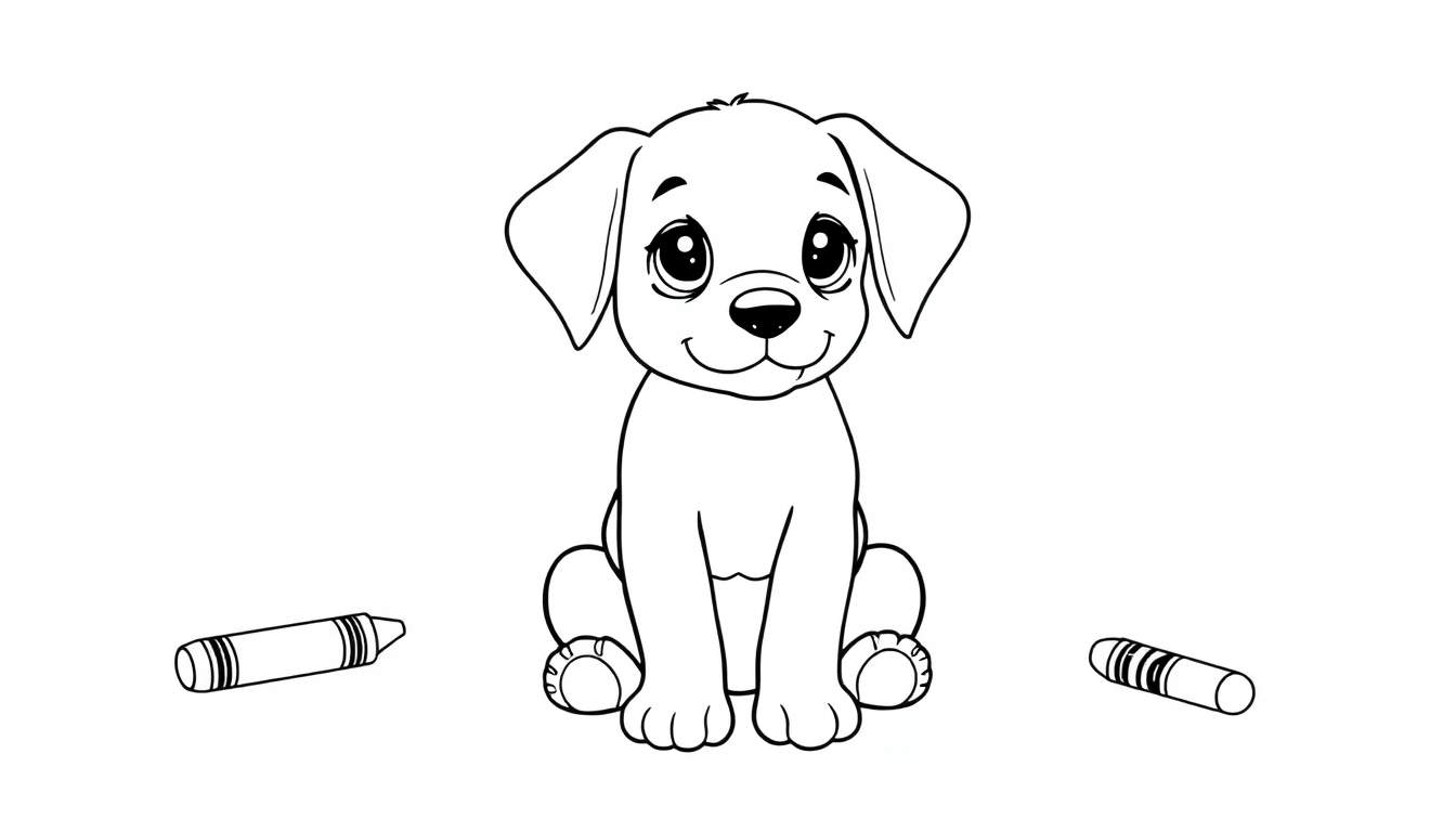 Una placa de color de un cachorrito adorable sentado junto a dos crayones, listo para ser coloreado.