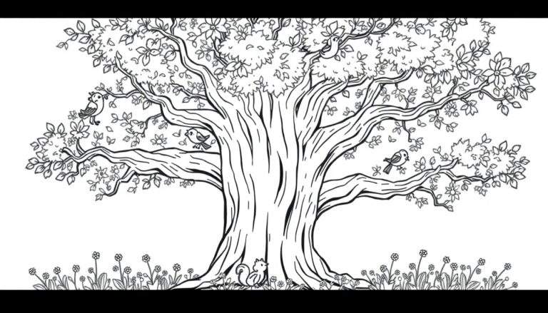 Un dibujo lineal en blanco y negro de un gran árbol amigable con ramas para colorear, con pájaros, una ardilla y flores.