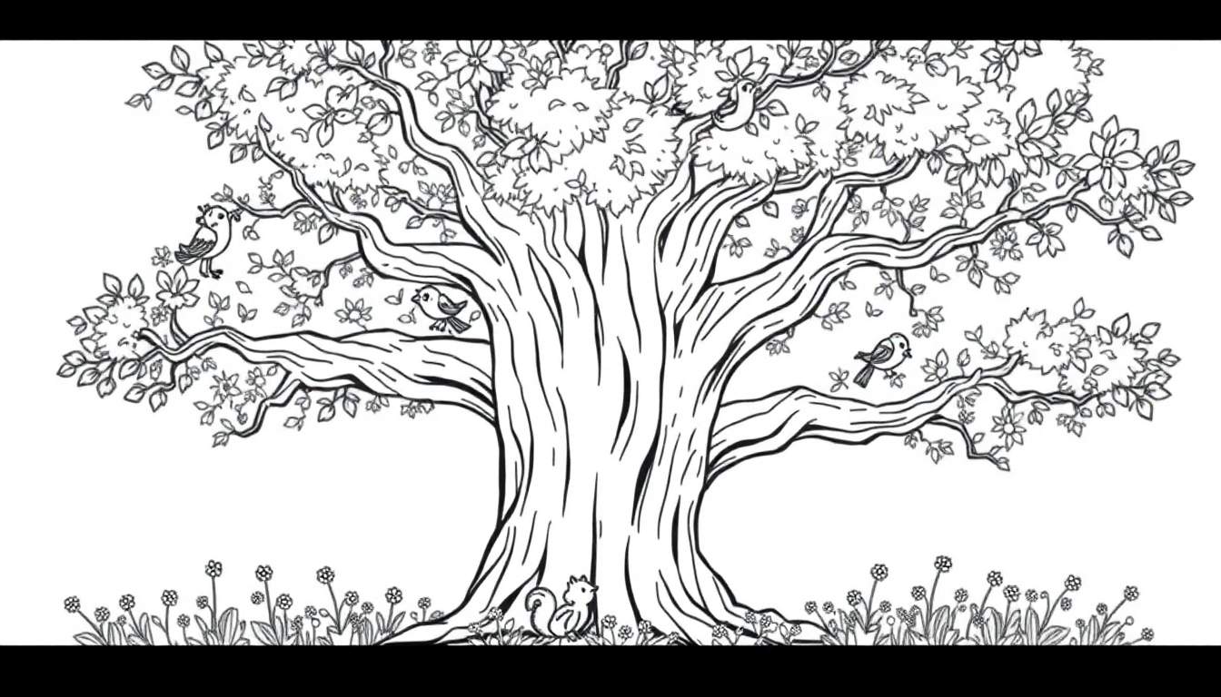 Un dibujo lineal en blanco y negro de un gran árbol amigable con ramas para colorear, con pájaros, una ardilla y flores.