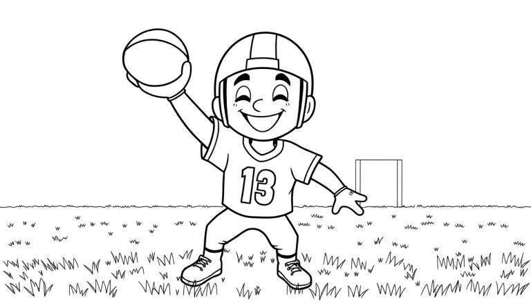 Un niño sonriente con el número 13 en su camiseta, listo para jugar fútbol americano, en una página para colorear en blanco y negro con una portería al fondo.