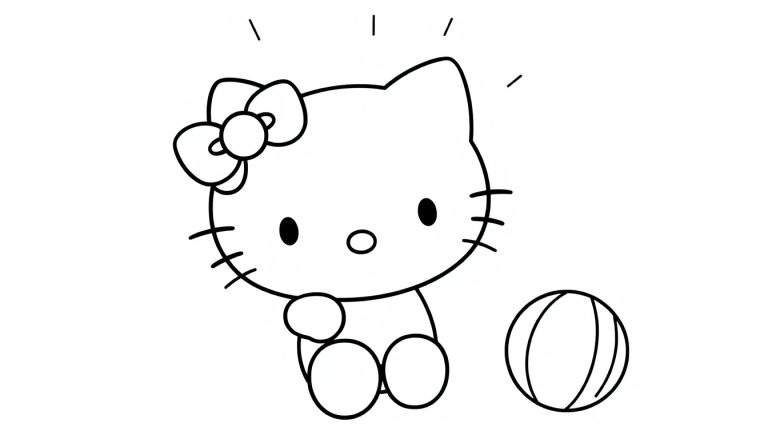 Placa de color para colorear de Hello Kitty sentada junto a una pelota, con destellos sobre su cabeza.