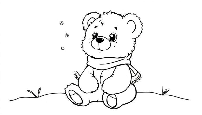 Placa de color de un osito de peluche tierno en la nieve, listo para colorear.
