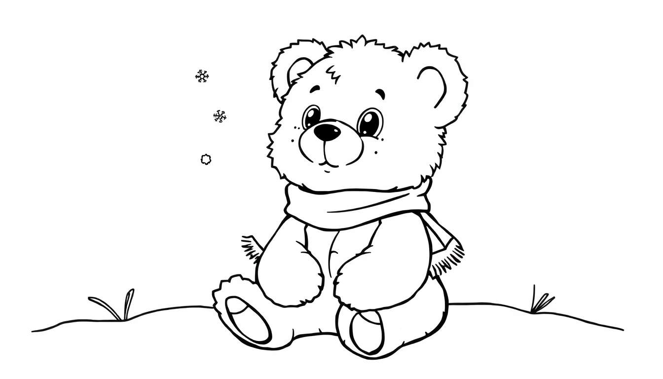 Placa de color de un osito de peluche tierno en la nieve, listo para colorear.