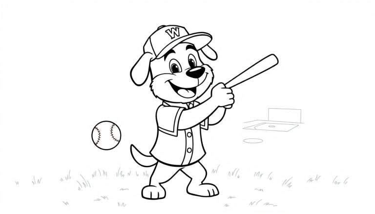 Perro animado con gorra 'W' y uniforme de béisbol, listo para batear. Placa de color para dibujar.