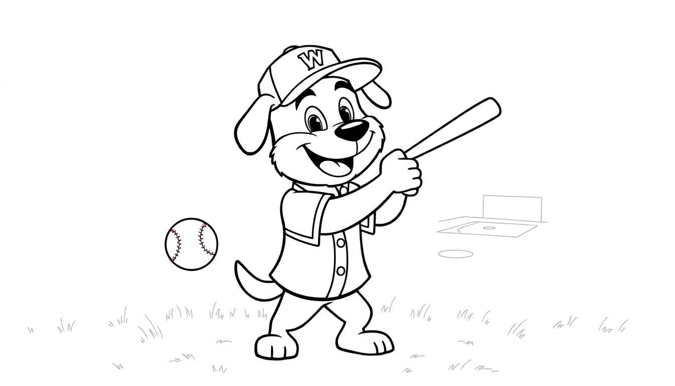Perro animado con gorra 'W' y uniforme de béisbol, listo para batear. Placa de color para dibujar.