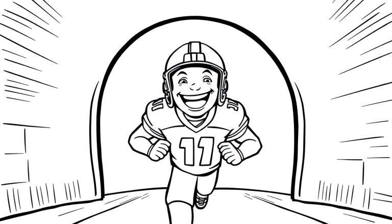 Placa de color de fútbol americano: un niño sonriente con el número 11 corriendo hacia afuera del túnel.