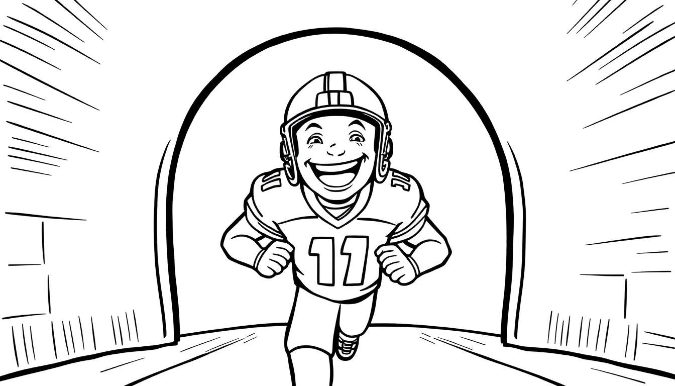 Placa de color de fútbol americano: un niño sonriente con el número 11 corriendo hacia afuera del túnel.
